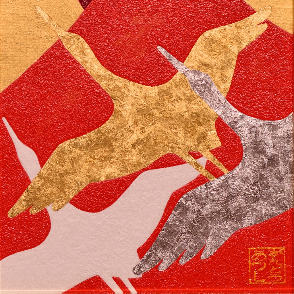 『飛鶴赤富士』●がんどうあつし肉筆絵画油絵日本画石川県産24K純金プラチナ箔使用