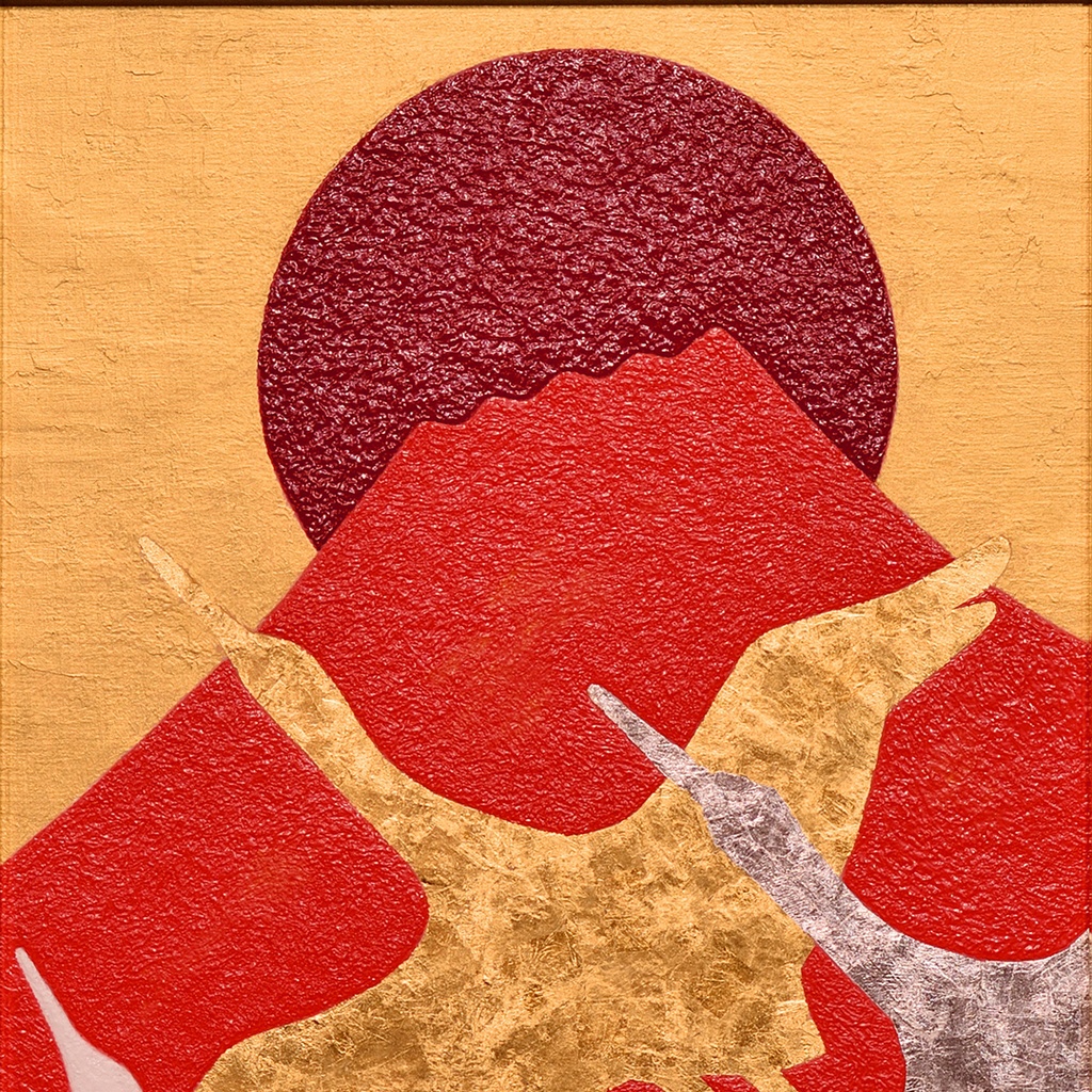 『飛鶴赤富士』●がんどうあつし肉筆絵画油絵日本画石川県産24K純金プラチナ箔使用