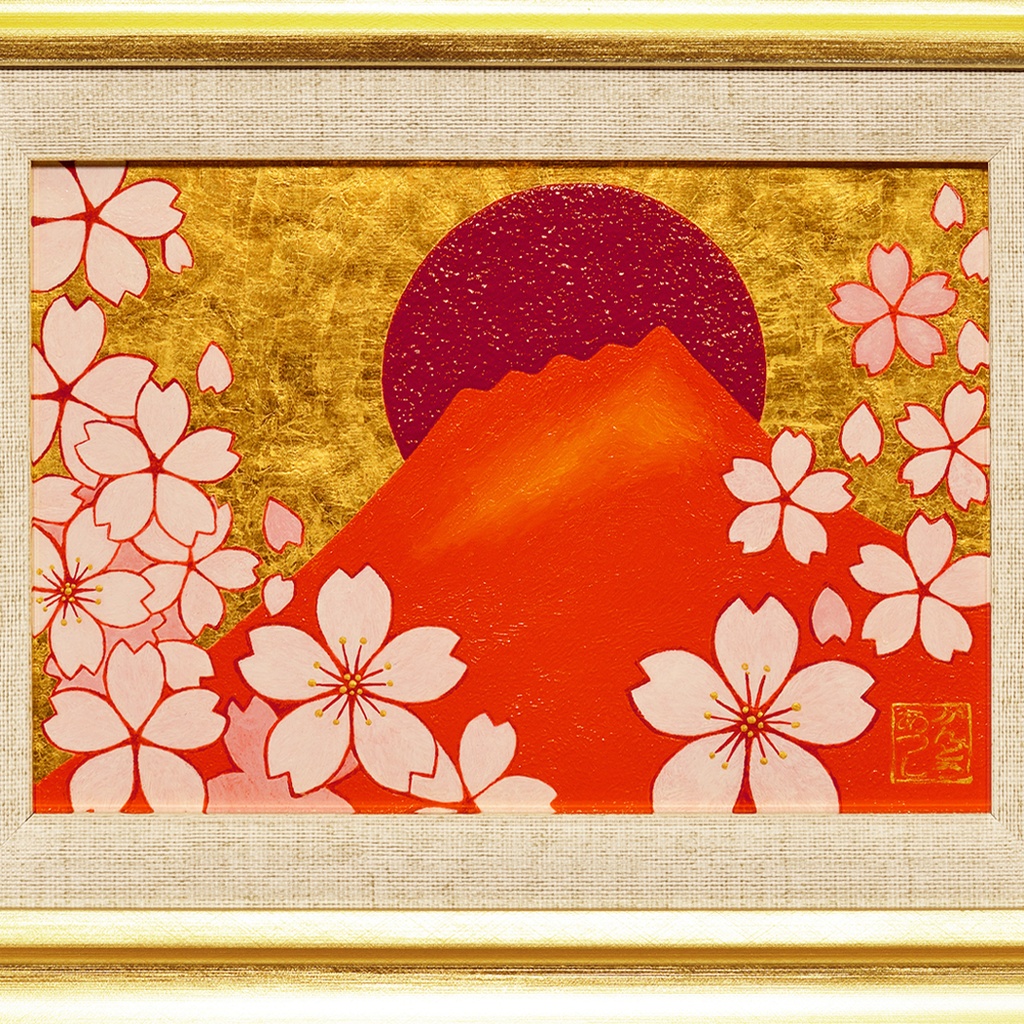 ◎『桜と赤富士』●がんどうあつし和洋絵画油絵原画●24K純金箔使用日本富士山