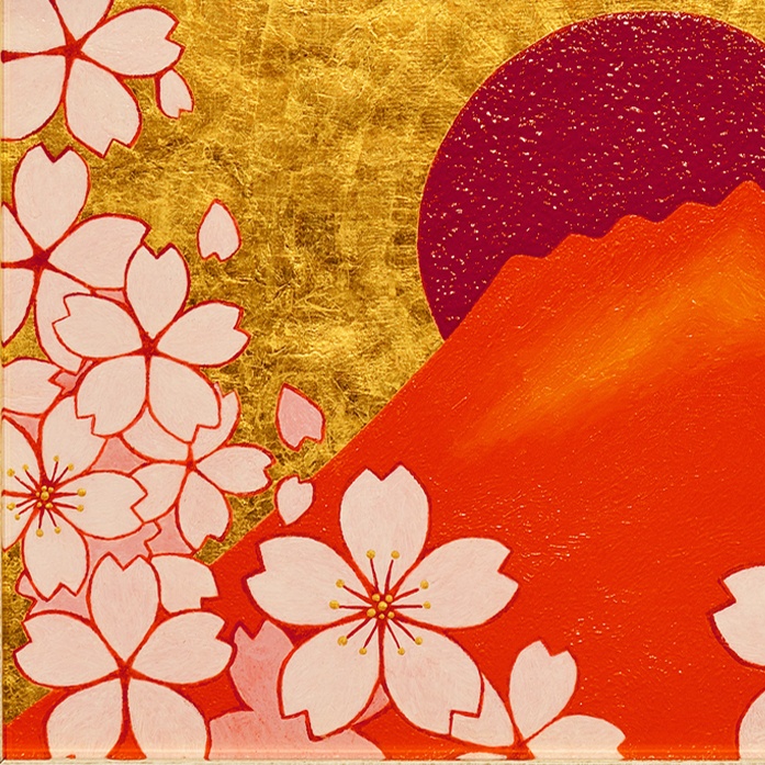 ◎『桜と赤富士』●がんどうあつし和洋絵画油絵原画●24K純金箔使用日本富士山