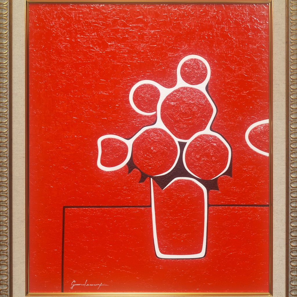 紅薔薇 -Rouge-◆がんどうあつし絵画油絵厚塗りF8号額装品◆花静物画赤抽象画