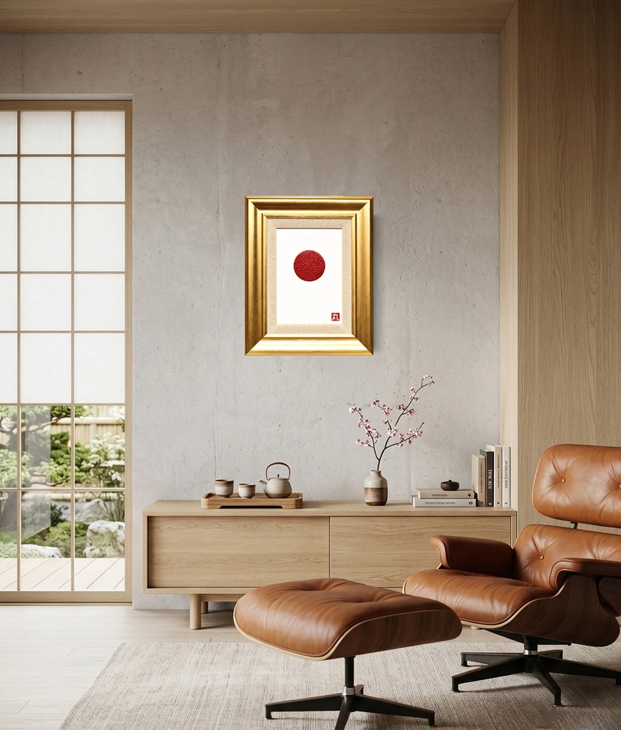 まると心で一つになるアート●太陽 がんどうあつし油絵画原画SM額付日の丸日本