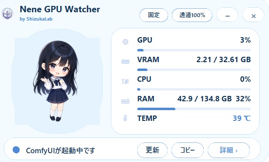 【無料】Nene GPU Watcher v1.0.0|NVIDIA GPU・VRAM常駐モニター