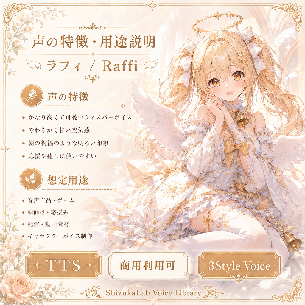 〖商用利用可〗Raffi Voice Palette - 朝の祝福を届ける高音ウィスパー天使ボイス / Style-Bert-VITS2向け音声モデル