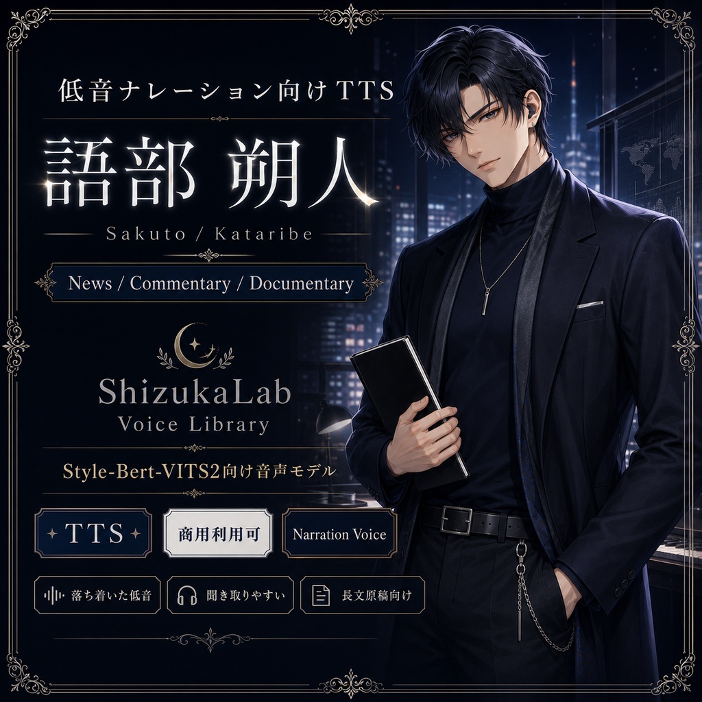 〖商用利用可〗低音ナレーション向けTTS音声モデル Kataribe Sakuto - 語部 朔人 / ニュース・解説・ドキュメンタリー向け読み上げ声　SBV2
