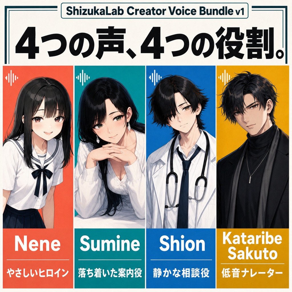 〖商用利用可 / 4音声モデルセット〗ShizukaLab Creator Voice Bundle v1 - ゲーム・動画・ノベル制作に使える男女4ボイス / Style-Bert-VITS2