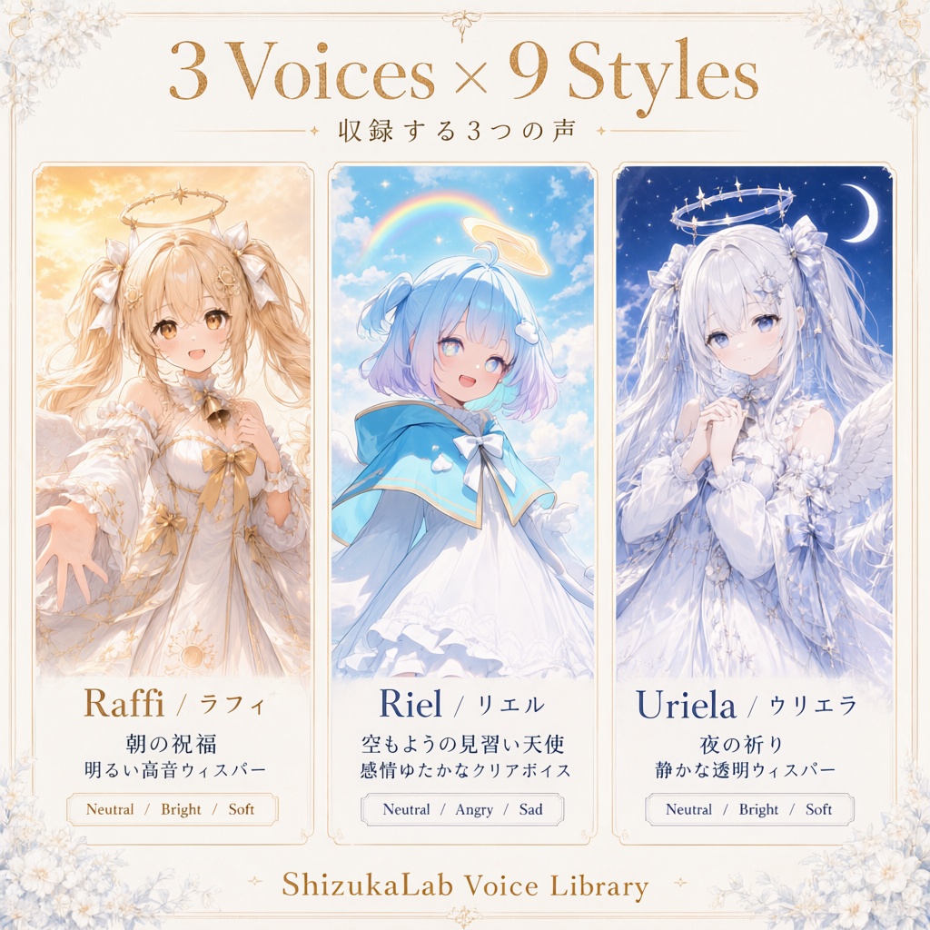 〖商用利用可〗Lumière Angels / リュミエールの天使たち|ラフィ・リエル・ウリエラ 天使ボイス3人セット|Style-Bert-VITS2
