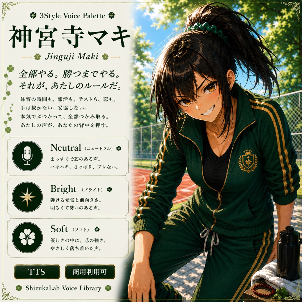 【十人十色っ娘/GREEN・商用利用可】神宮寺マキ|熱血パワー系スポーツ女子 / 3Style TTS・Style-Bert-VITS2