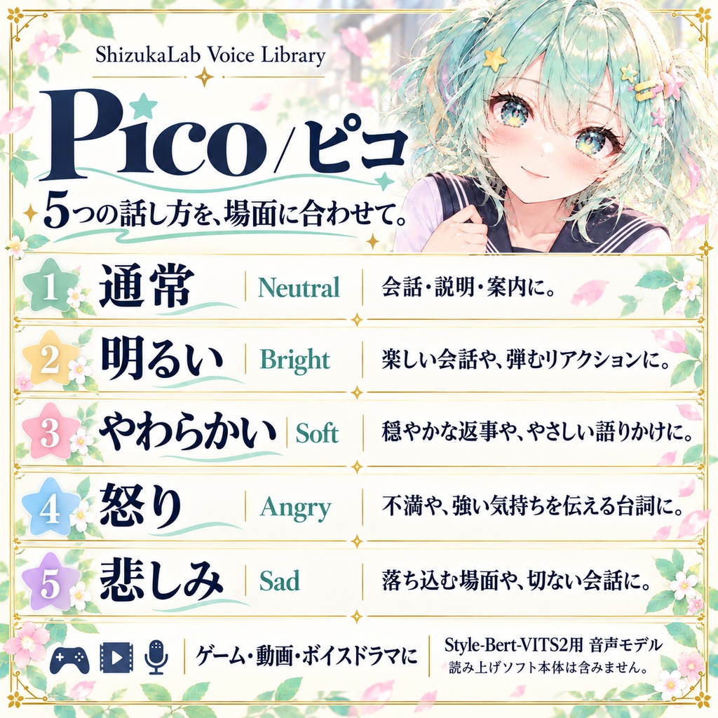 Pico / ピコ|元気な会話と、感情のある台詞に。5スタイル少女ボイス|商用利用可|Style-Bert-VITS2
