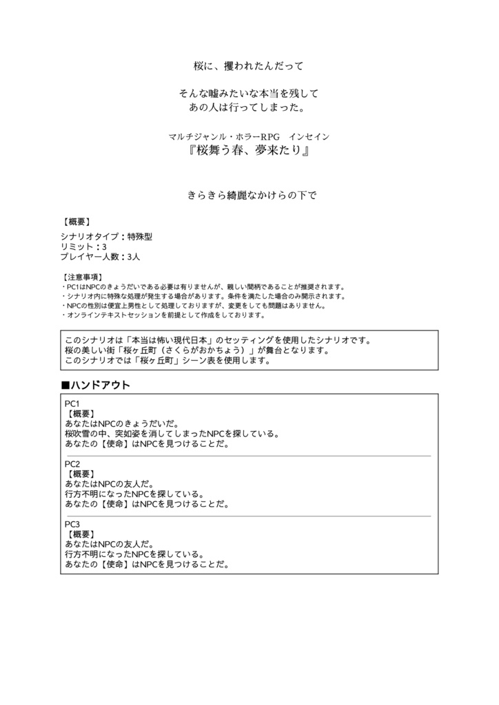 インセインシナリオ『桜舞う春、夢来たり』