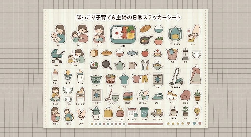 【デジタルステッカー】子育て＆主婦の毎日セット｜GoodNotes・デジタル手帳用素材