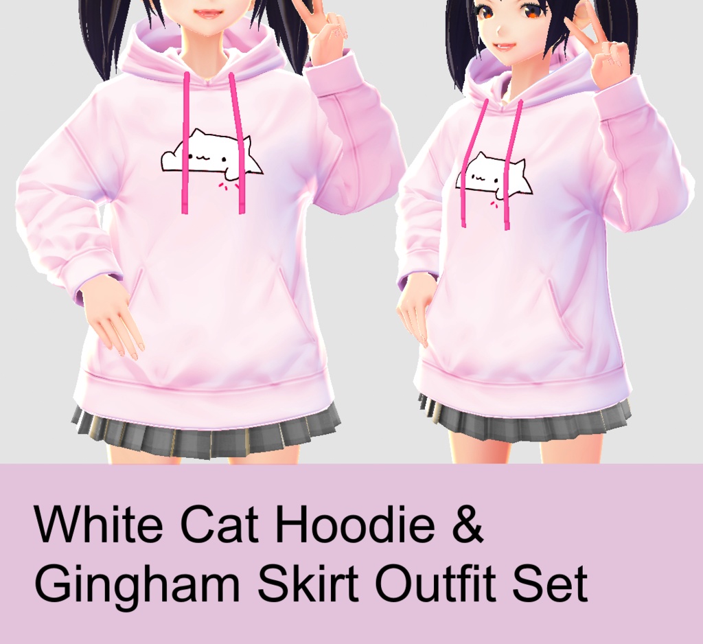 White Cat Hoodie and Gingham Skirt Outfit Set