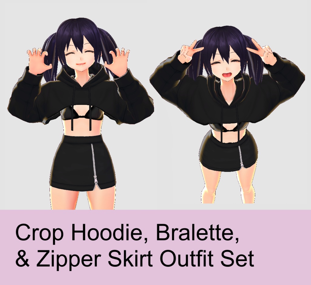 Crop Hoodie, Bralette, and Zipper Skirt Outfit Set 