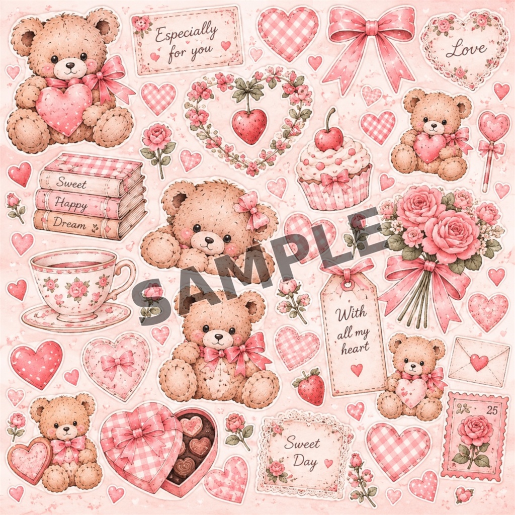 Teddy & Ribbon|デザインペーパー Kawaii Set B