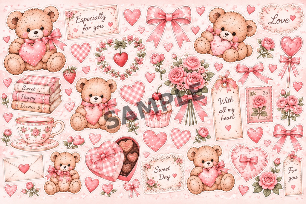Teddy & Ribbon|デザインペーパー Kawaii Set B