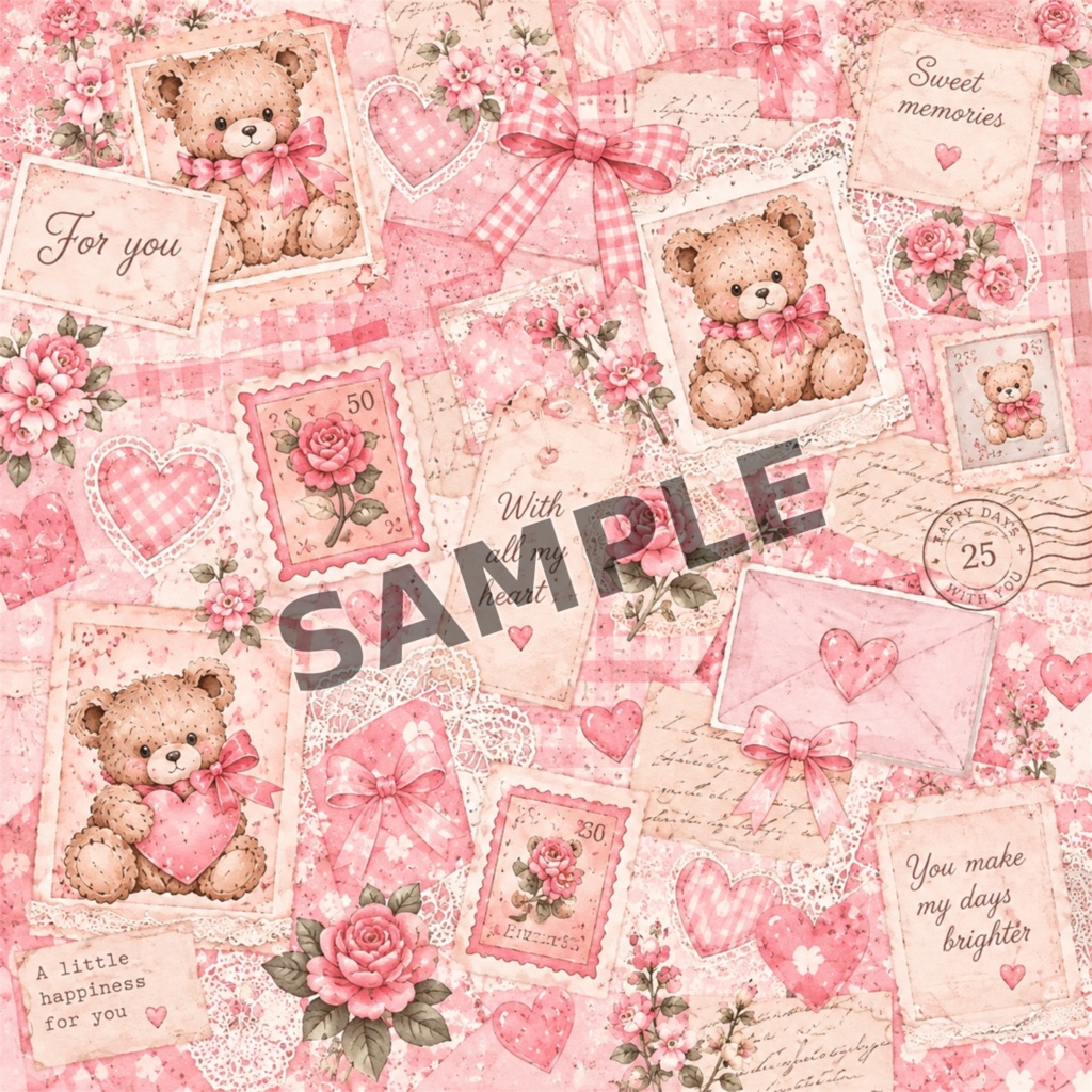 Teddy & Ribbon|デザインペーパー Kawaii Set B