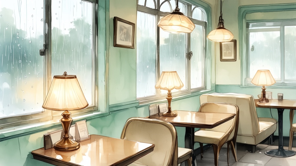 【無料】雨の日のレトロ喫茶店 背景素材（1280×720px）