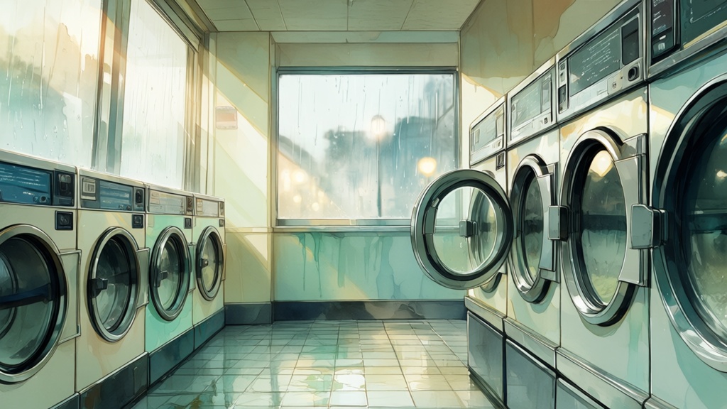 【無料】雨の日のレトロコインランドリー 背景素材（1280×720px）