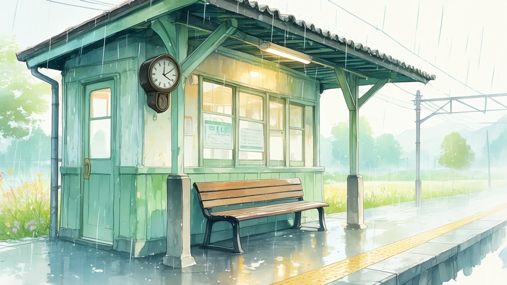 【無料】雨の日のレトロ駅ホーム 背景素材（1280×720px）