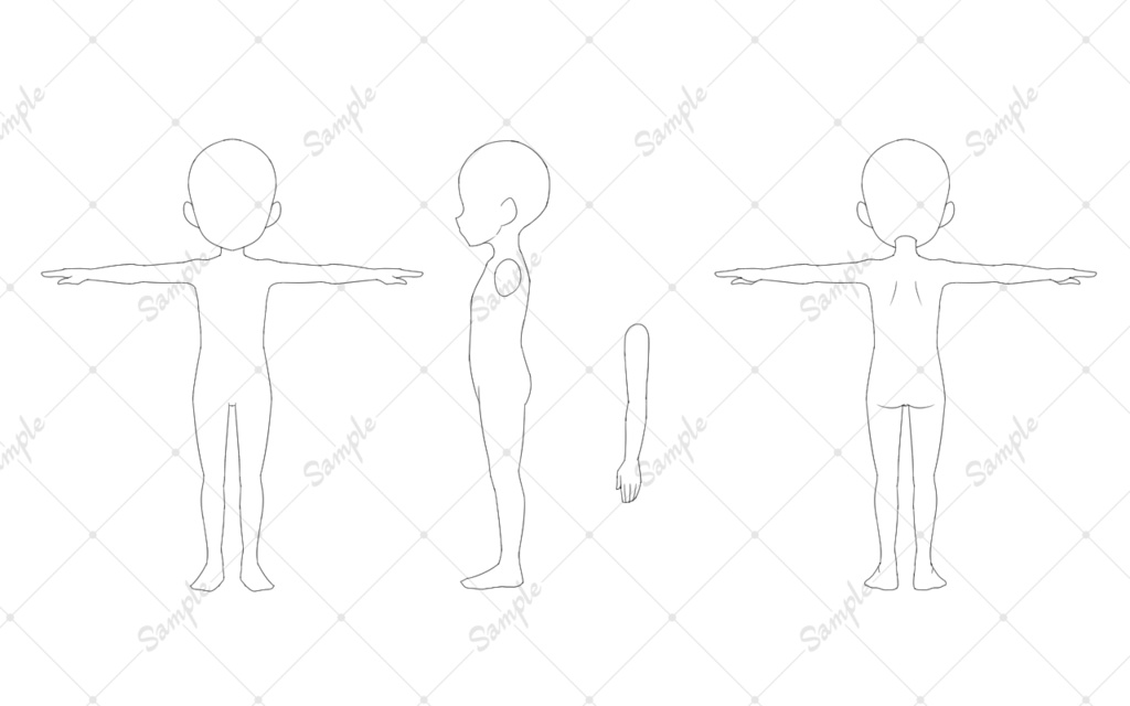 キャラデザ用T字素体三面図 各種頭身 全9種類