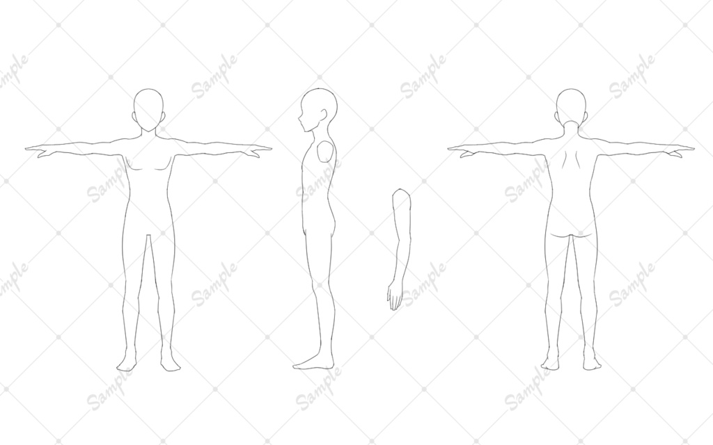 キャラデザ用T字素体三面図 各種頭身 全9種類