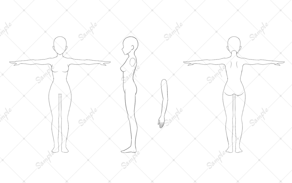 キャラデザ用T字素体三面図 各種頭身 全9種類