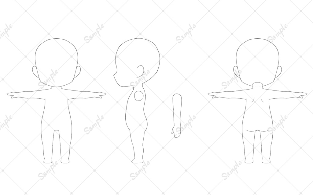 キャラデザ用T字素体三面図 各種頭身 全9種類