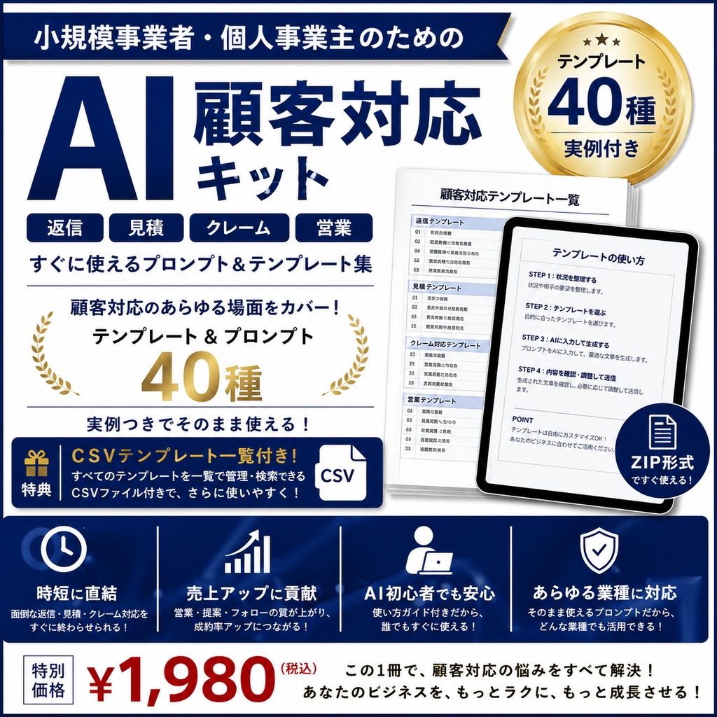 小規模事業者のためのAI顧客対応キット|返信・見積・クレーム・営業テンプレート40種
