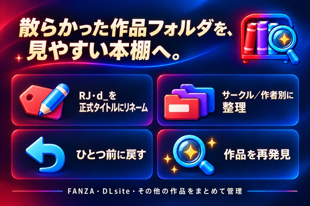 FANZA・DLsite作品 リネーム&整理ツール「FANDL DISCOVERY」【Windows】