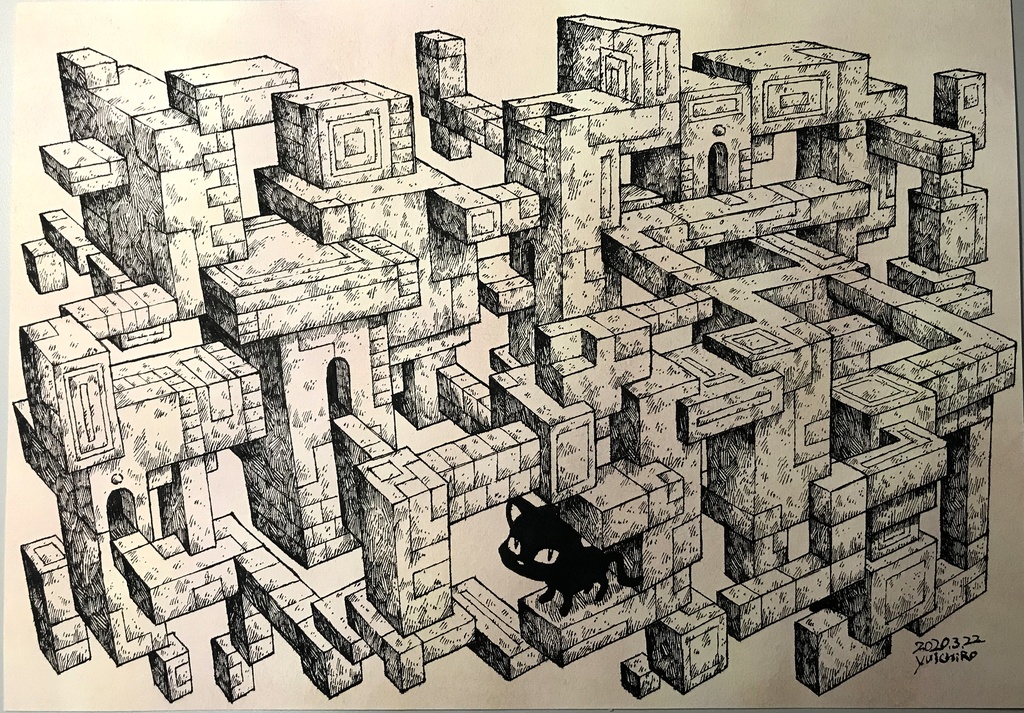 原画「不思議な遺跡と黒ねこ」