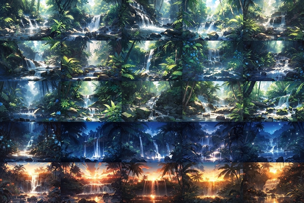 【背景素材】セット販売&単品販売「密林」全3種類【川・滝・岩場】