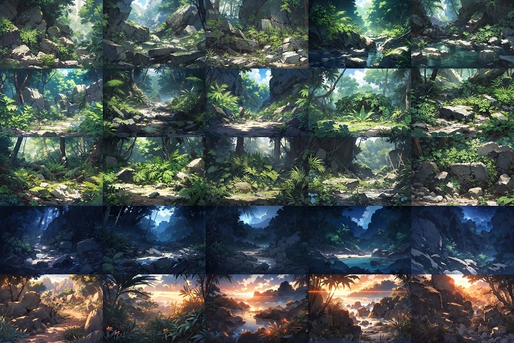 【背景素材】セット販売&単品販売「密林」全3種類【川・滝・岩場】