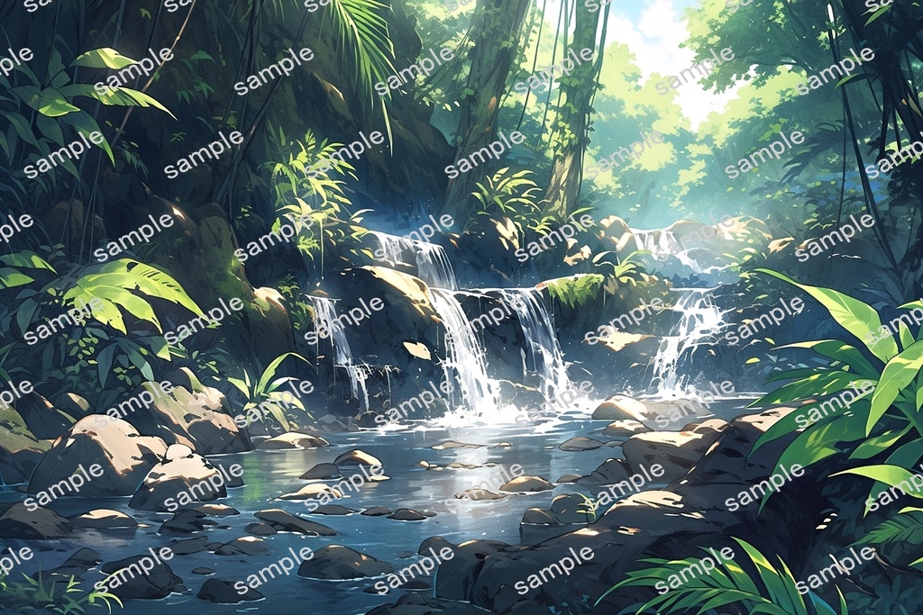 【背景素材】セット販売&単品販売「密林」全3種類【川・滝・岩場】