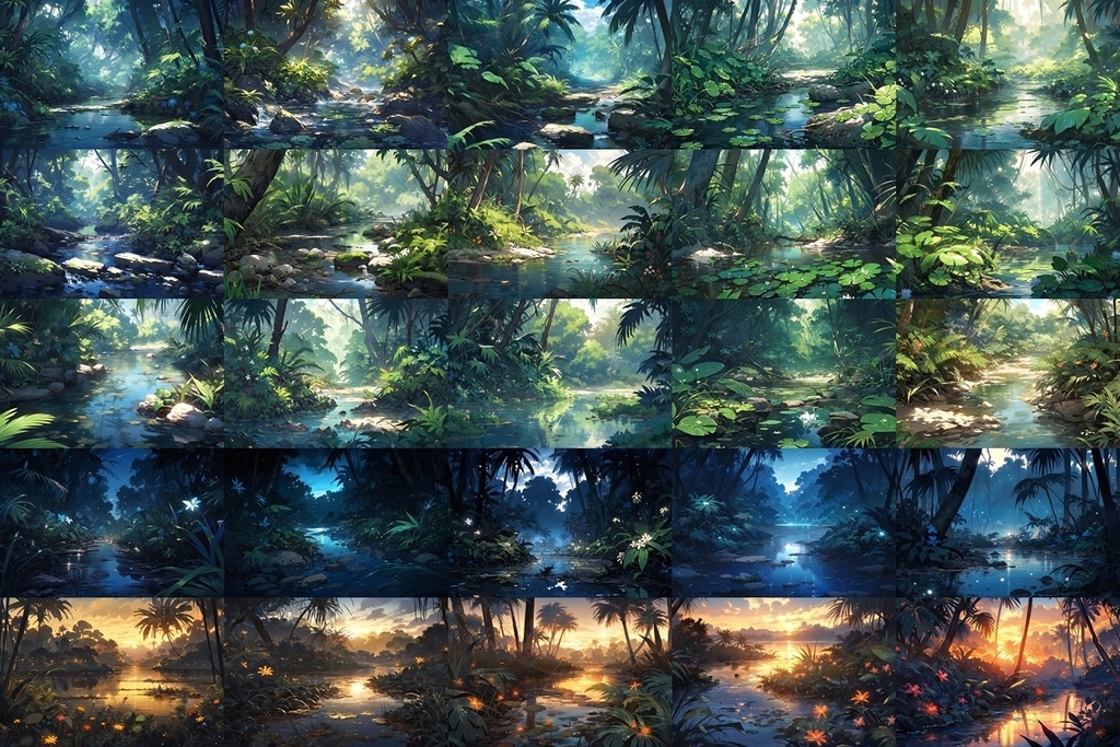 【背景素材】セット販売&単品販売「密林」全3種類【川・滝・岩場】