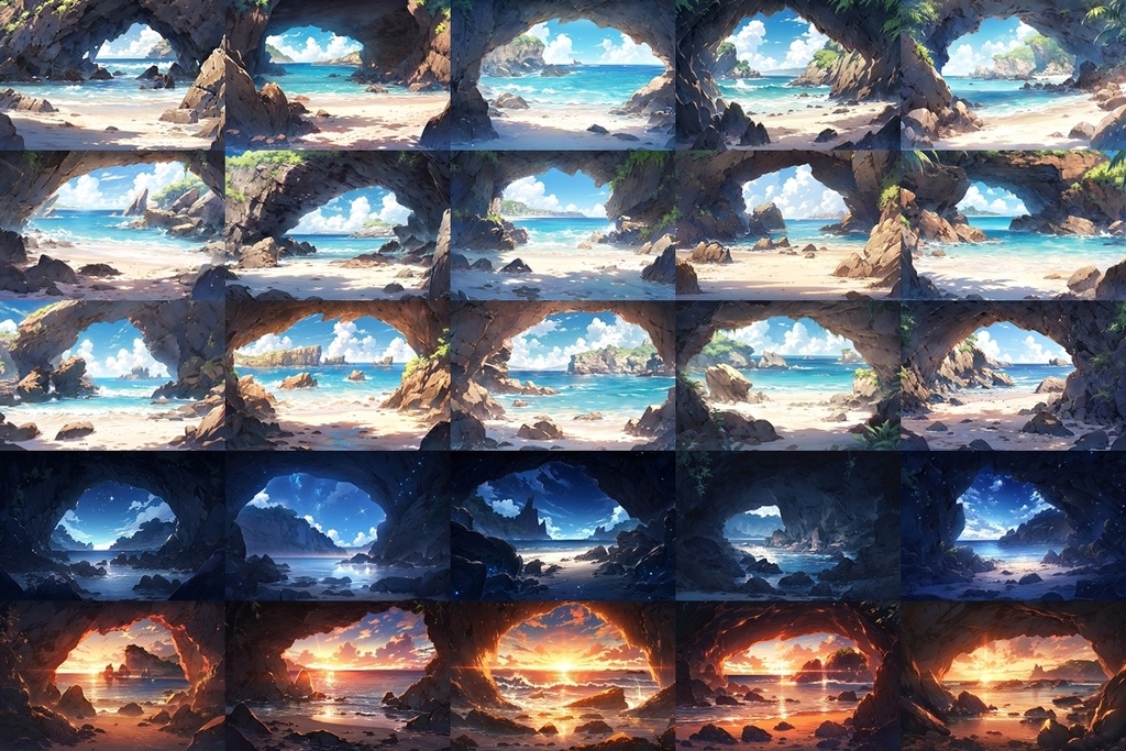 【背景素材】セット販売&単品販売「海岸」全3種類【地面・朝日・洞窟】