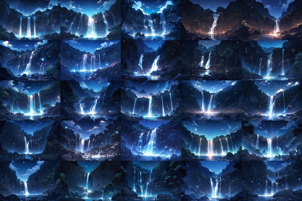 【背景素材】セット販売&単品販売「岩場の滝」全3種類【昼間・夜中・夕方】