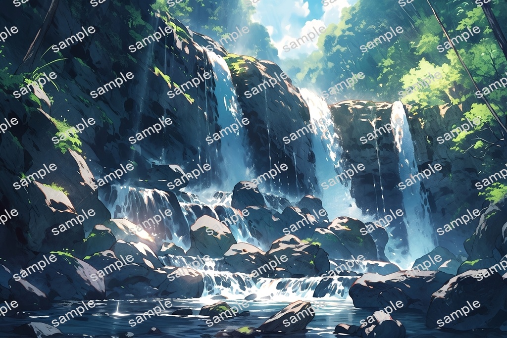 【背景素材】セット販売&単品販売「岩場の滝」全3種類【昼間・夜中・夕方】