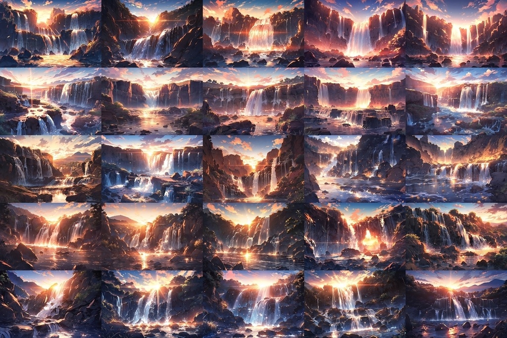 【背景素材】セット販売&単品販売「岩場の滝」全3種類【昼間・夜中・夕方】