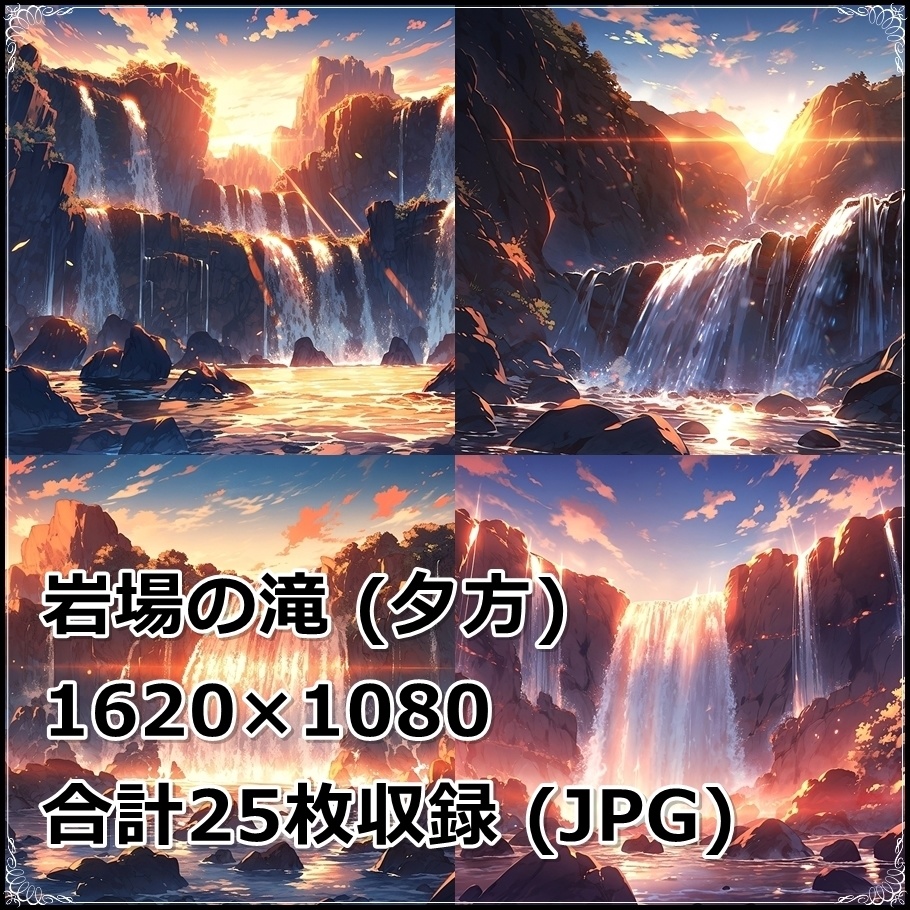 【背景素材】セット販売&単品販売「岩場の滝」全3種類【昼間・夜中・夕方】