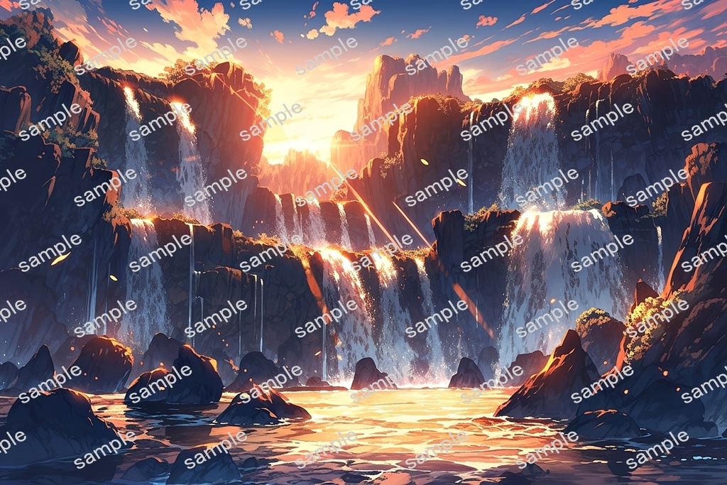 【背景素材】セット販売&単品販売「岩場の滝」全3種類【昼間・夜中・夕方】