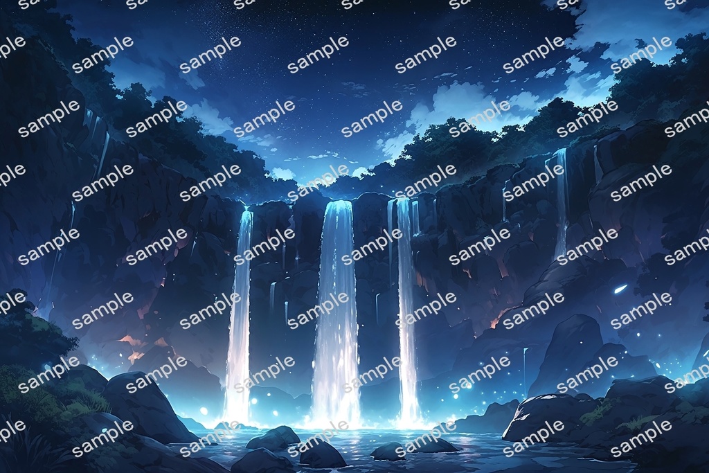 【背景素材】セット販売&単品販売「岩場の滝」全3種類【昼間・夜中・夕方】