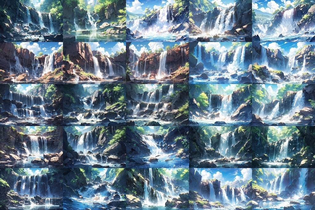 【背景素材】セット販売&単品販売「岩場の滝」全3種類【昼間・夜中・夕方】