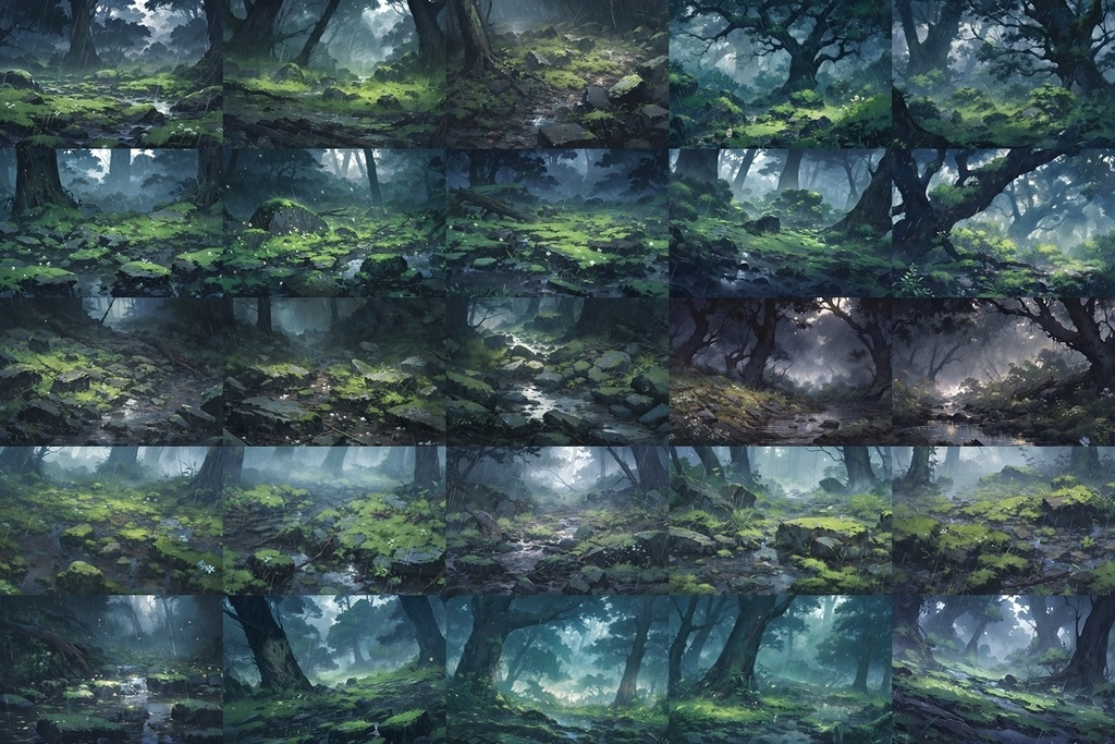 【背景素材】セット販売&単品販売「苔森」全3種類【雨・嵐・岩場】