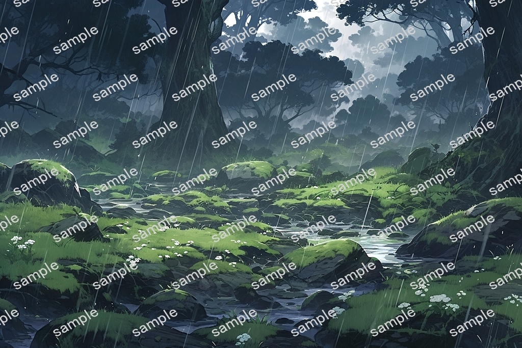 【背景素材】セット販売&単品販売「苔森」全3種類【雨・嵐・岩場】