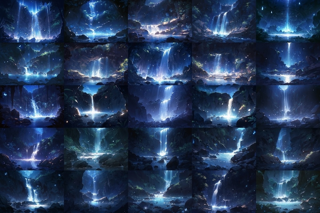 【背景素材】セット販売&単品販売「洞窟の滝」全3種類【昼間・夜中・夕方】