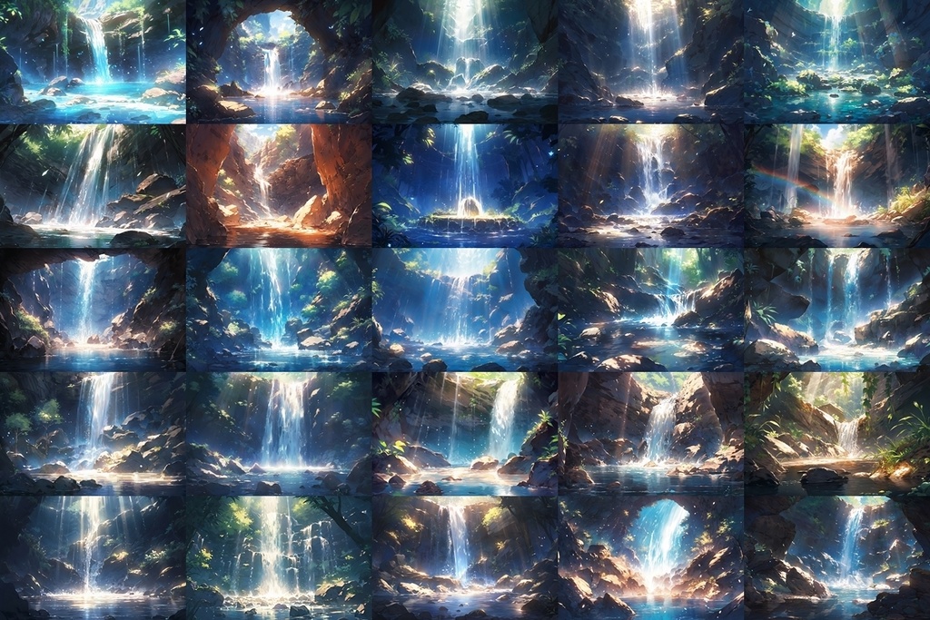 【背景素材】セット販売&単品販売「洞窟の滝」全3種類【昼間・夜中・夕方】