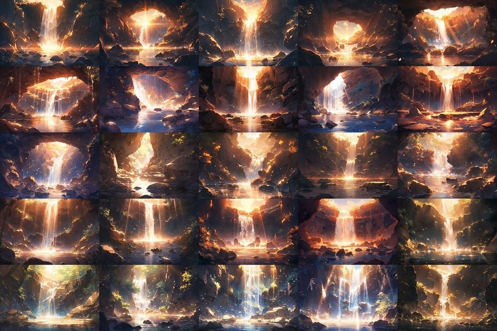 【背景素材】セット販売&単品販売「洞窟の滝」全3種類【昼間・夜中・夕方】