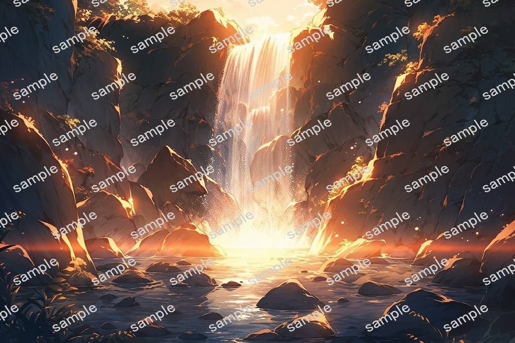 【背景素材】セット販売&単品販売「洞窟の滝」全3種類【昼間・夜中・夕方】