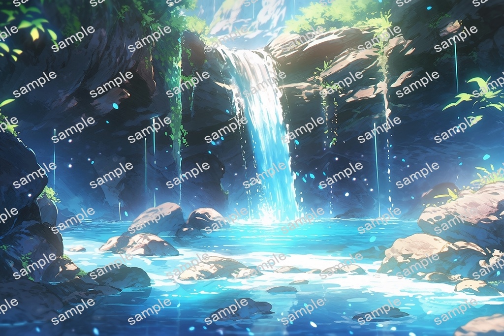 【背景素材】セット販売&単品販売「洞窟の滝」全3種類【昼間・夜中・夕方】