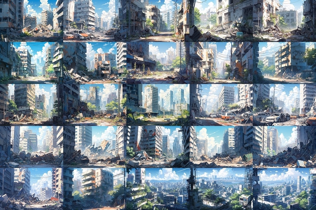 【背景素材】セット販売&単品販売「廃墟の街並」全3種類【昼間・夜中・夕方】